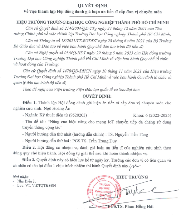 Thông báo hội đồng bảo vệ Luận Án Tiến Sĩ cấp đơn vị chuyên môn của NCS. Ngô Hoàng Ấn